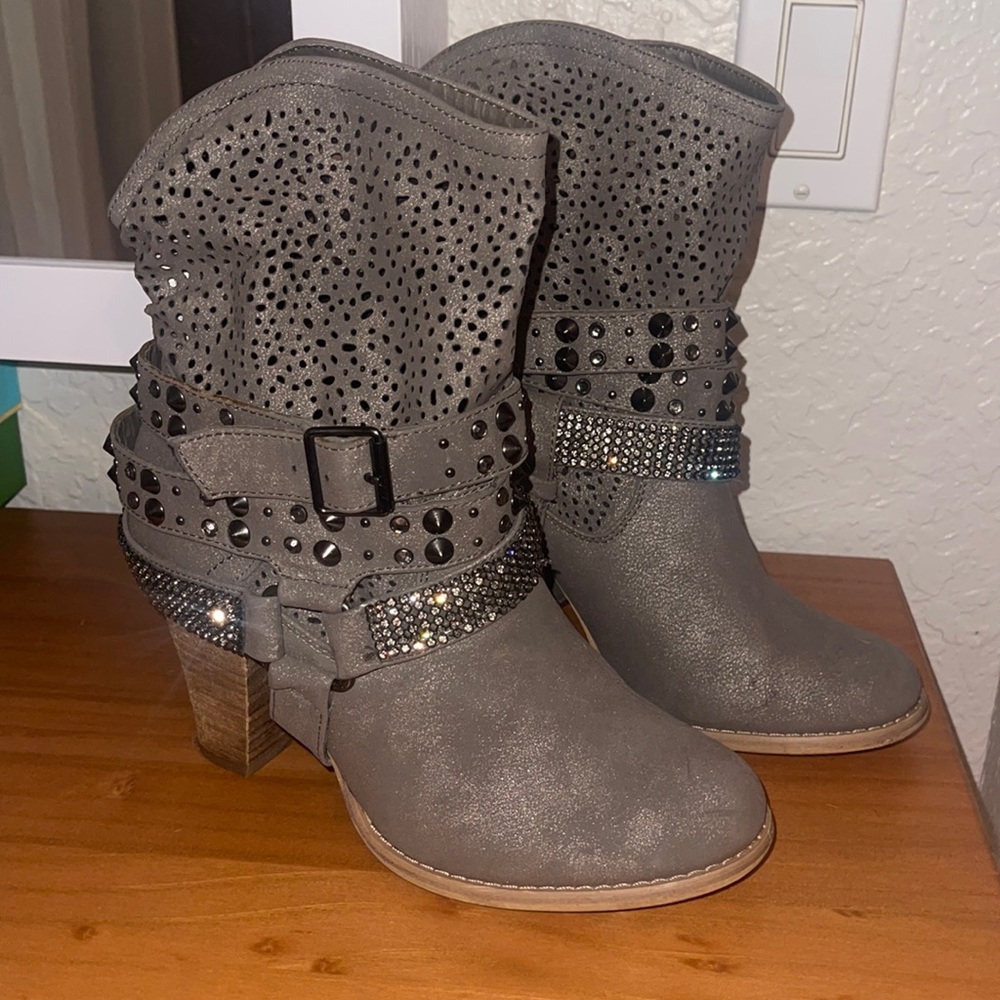 Gray Rhinestone Studded Ankle Boots